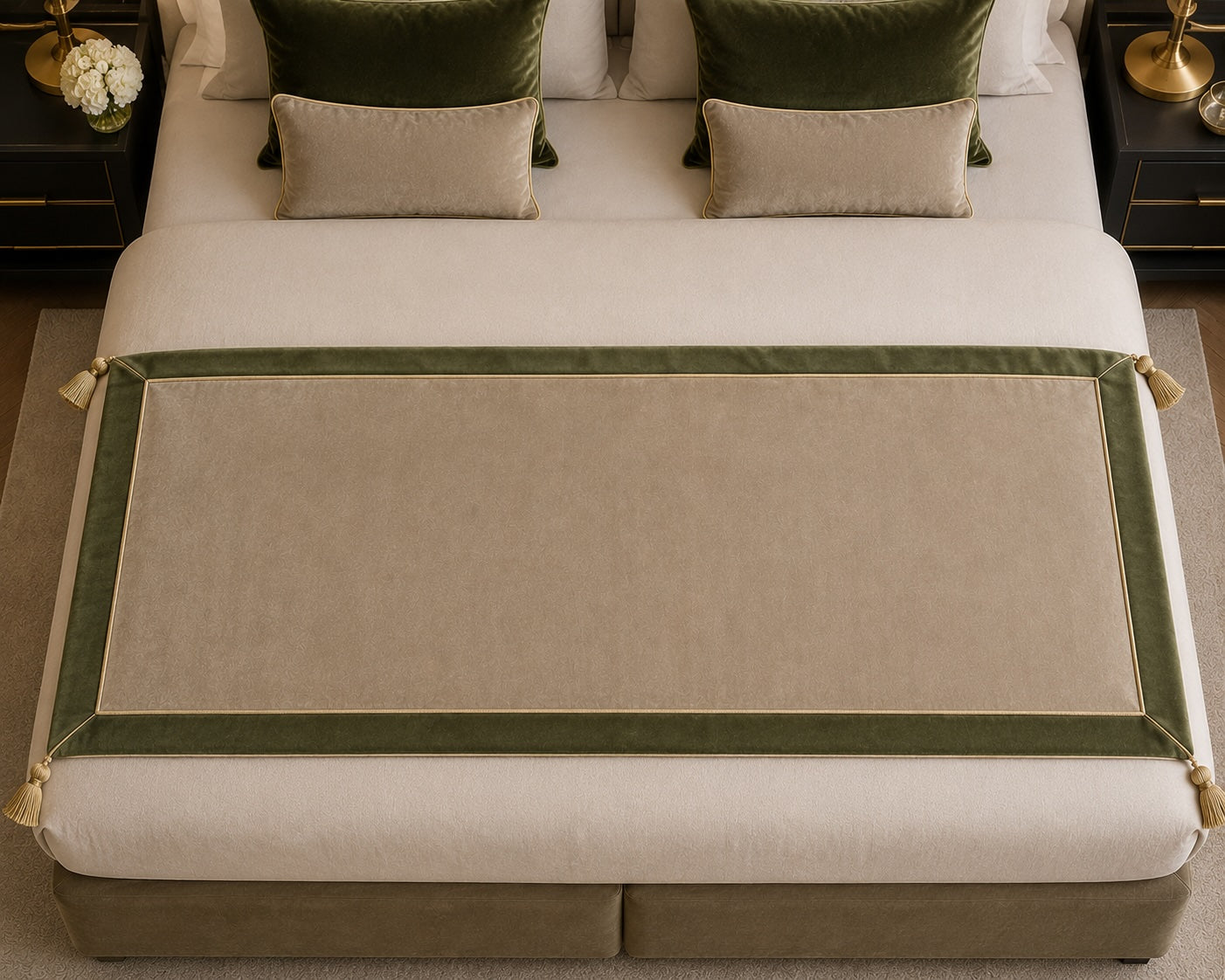 Luxuriöser Bettläufer in elegantem Beige mit olivgrüner Samtbordüre, feiner goldener Paspelierung und dekorativen Quasten – eine exklusive Bettdekoration für stilvolle Hotelzimmer, luxuriöse Suiten und hochwertige Boxspringbetten.