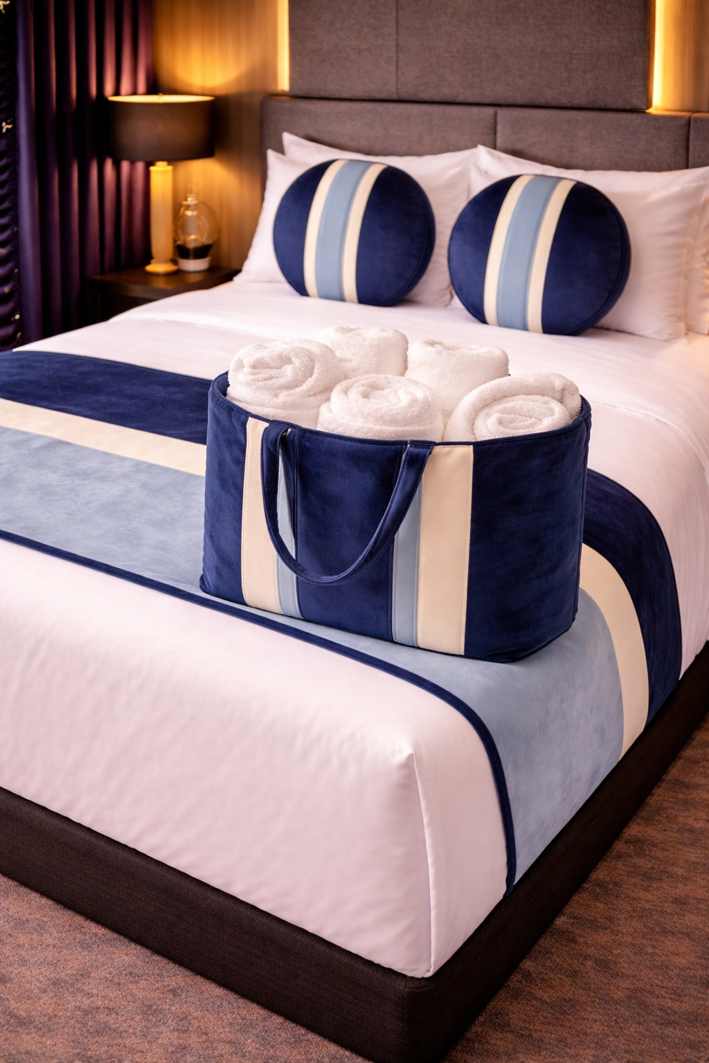 Design-Set „Velvet Stripe Navy“ – Bettläufer & Aufbewahrungstasche im luxuriösen Hotelstil
