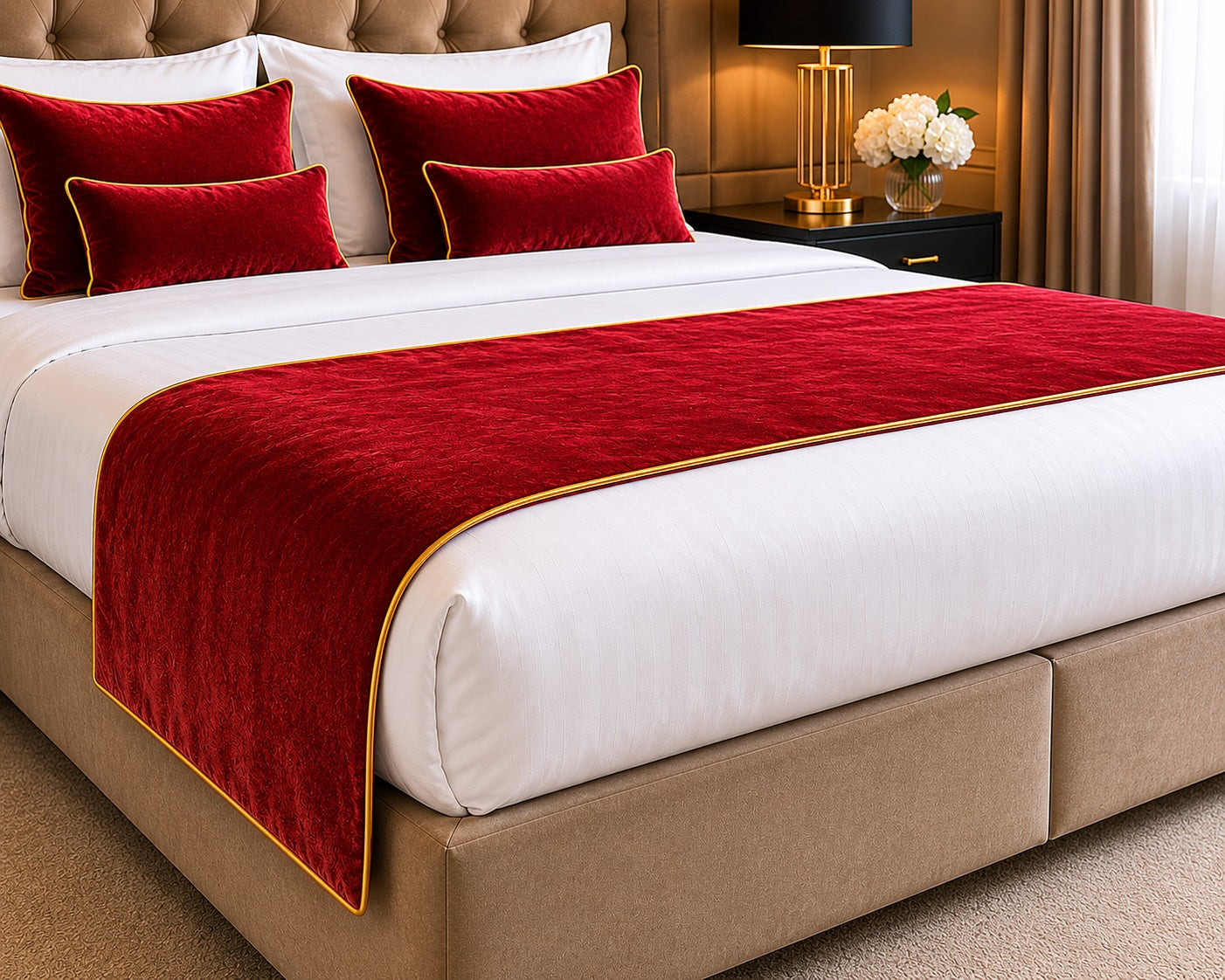 Luxuriöser Bettläufer aus edlem rotem Samt mit feiner goldener Paspelierung – ein stilvoller Blickfang für exklusive Hotelzimmer, Suiten