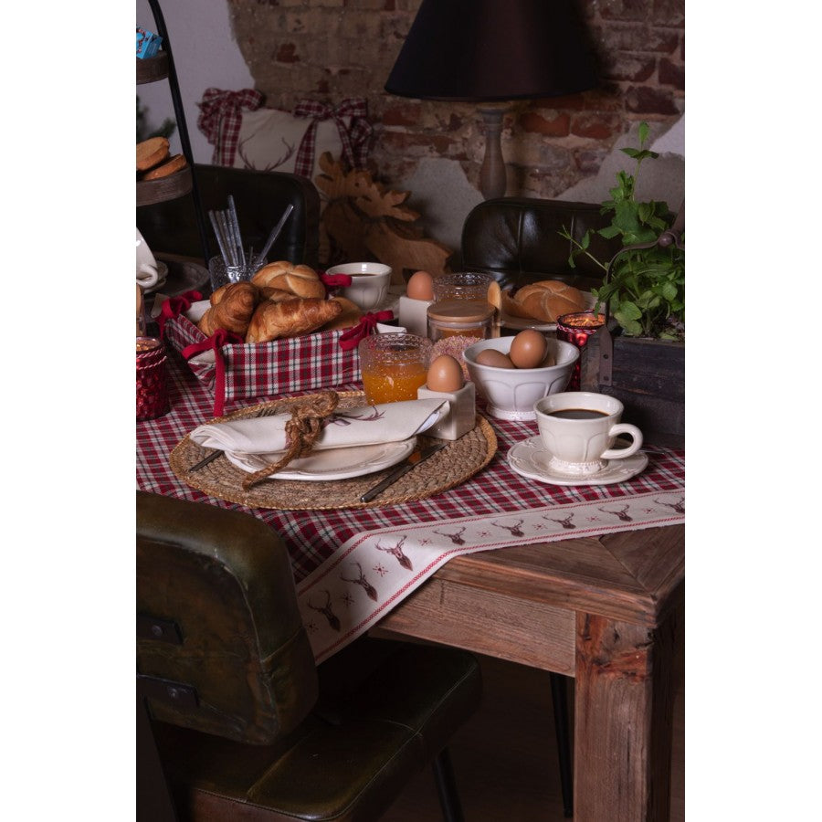 Tischdecke 100 x 100 cm Rot-Beige aus Baumwolle mit Rauten- & Hirschmotiv – festliche Tischkultur für Hotels & Gastronomie