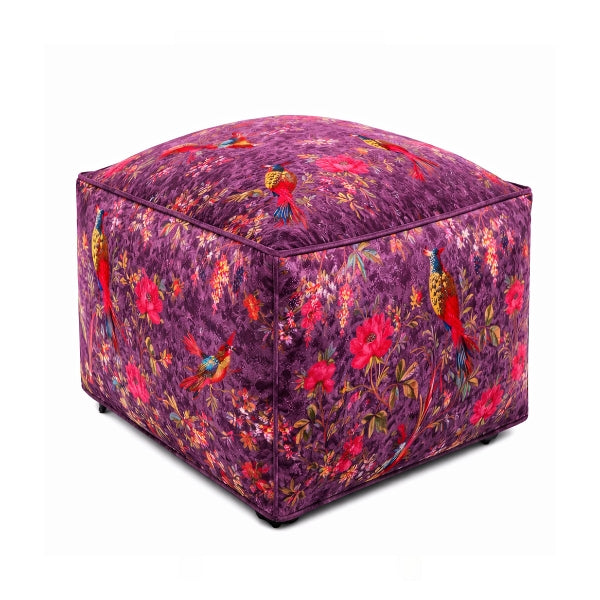 Samt Pouf in Lila mit floralem Design & exotischen Vögeln