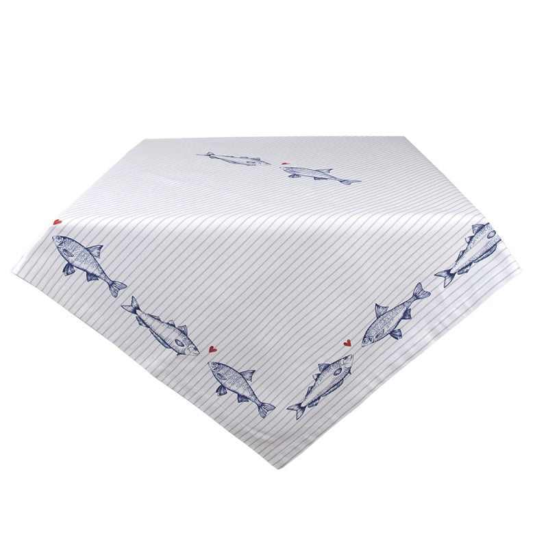 Weiße Tischdecke mit blauem Fischmotiv 150 x 150 cm – maritime Tischkultur für Hotels & Gastronomie