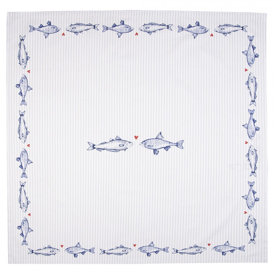 Weiße Tischdecke mit blauem Fischmotiv 150 x 150 cm – maritime Tischkultur für Hotels & Gastronomie