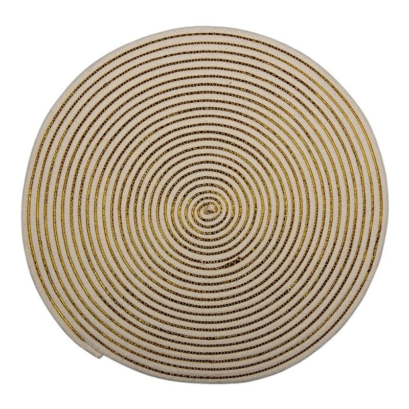 Rundes Platzset aus Jute in Weiß-Gelb, Ø 51 cm. Stilvolle Tischdekoration im Boho-Look für Hotels, Gastronomie und Zuhause. Schützt den Tisch dekorativ.