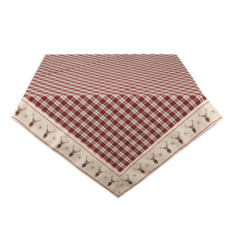 Tischdecke 100 x 100 cm Rot-Beige aus Baumwolle mit Rauten- & Hirschmotiv – festliche Tischkultur für Hotels & Gastronomie