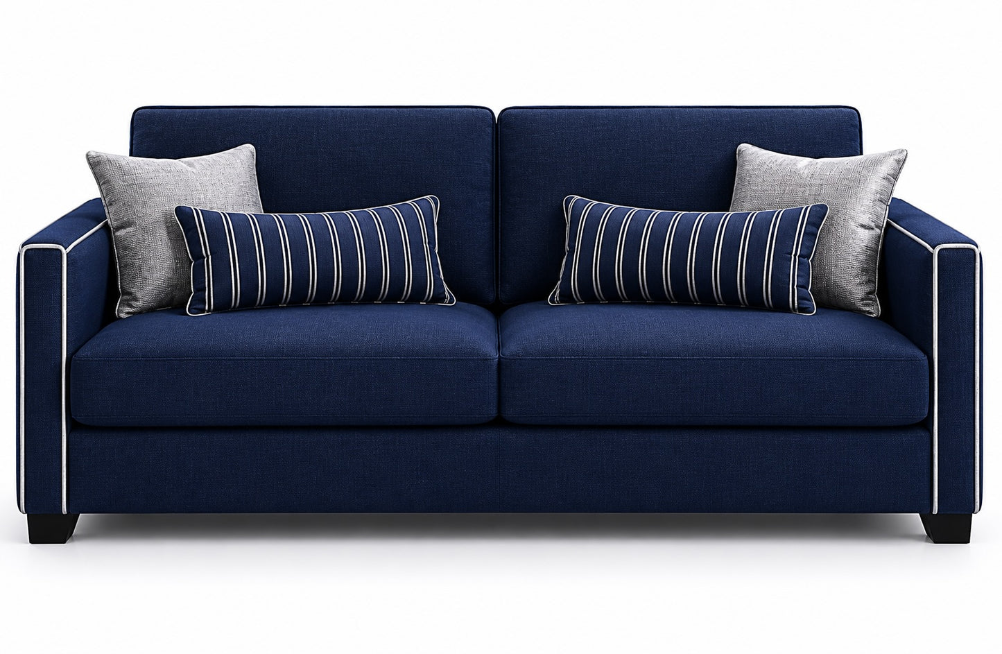 Das Schlafsofa Fleur überzeugt durch sein elegantes Design in seine Blauen Stoff mit stilvollen Seitenelementen in warmem Cognac-Ton.