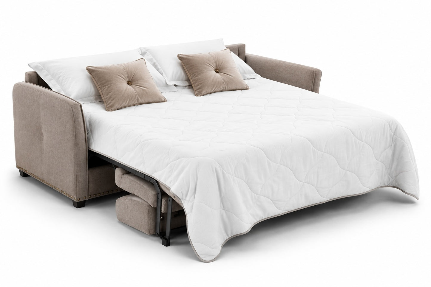 Dieses exklusive Hotel-Schlafsofa in stilvollem Grau kombiniert modernes Design mit maximalem Komfort und geprüfter Sicherheit.