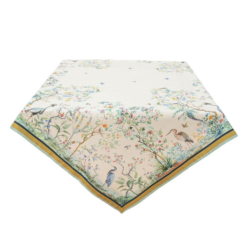 Beige-Grüne Baumwoll-Tischdecke 150 x 150 cm mit botanischem Vogelmotiv – natürliche Eleganz für Hotels & Gastronomie